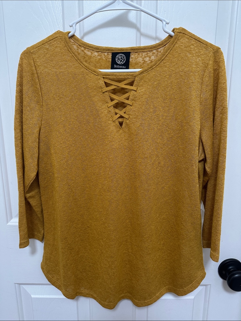 0253 bobeau Mustard Lace-Up V-Neck Long Sleeve Top small